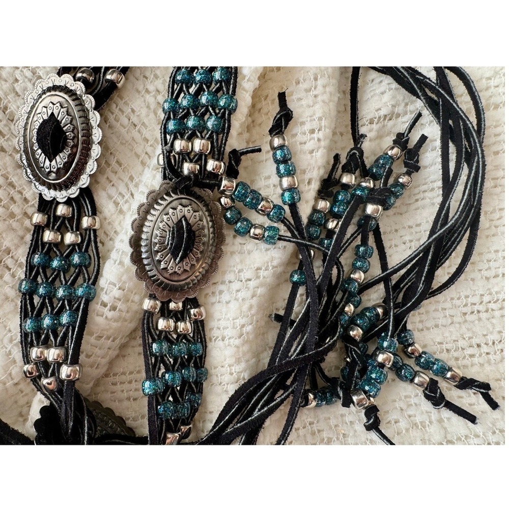 Vintage Southwestern Concho Leather Belt Beaded Turquoise Boho Western 86"